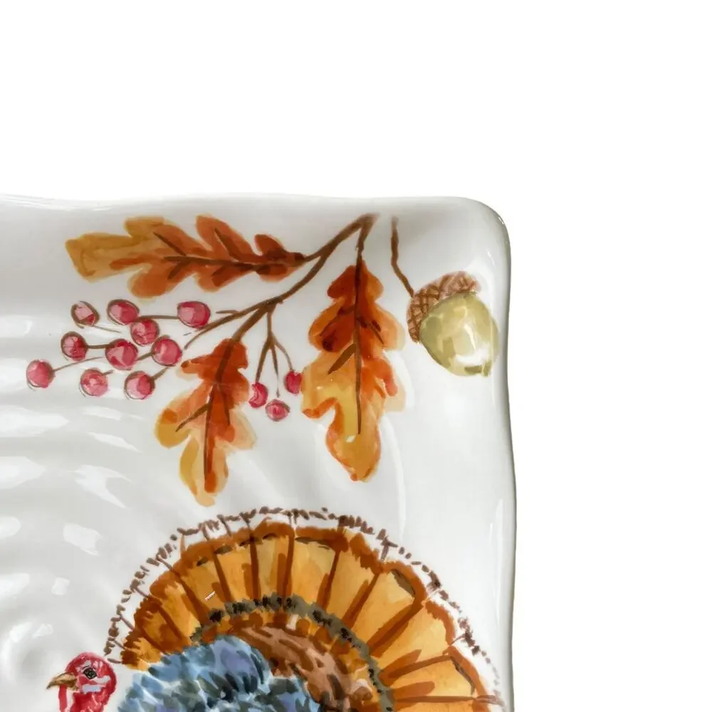 MAXCERA Thanksgiving Turkey Pumpkin Dinner Plates 11in Square Ceramic Set of 3